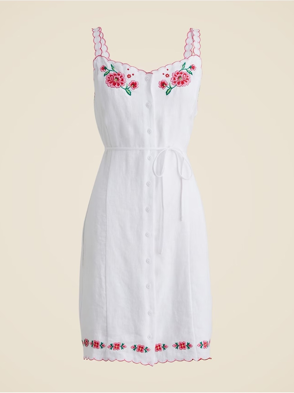 J. Crew White Linen Dress with Pink Floral Embroidery